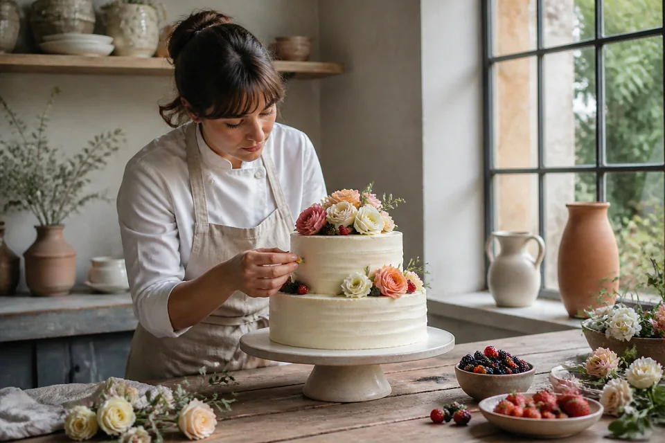Gâteau de mariage préparé dans un atelier — illustration générée par IA