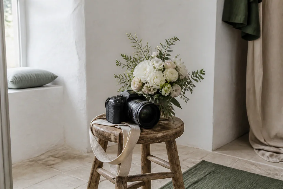 Appareil photo et accessoires de reportage de mariage — illustration générée par IA