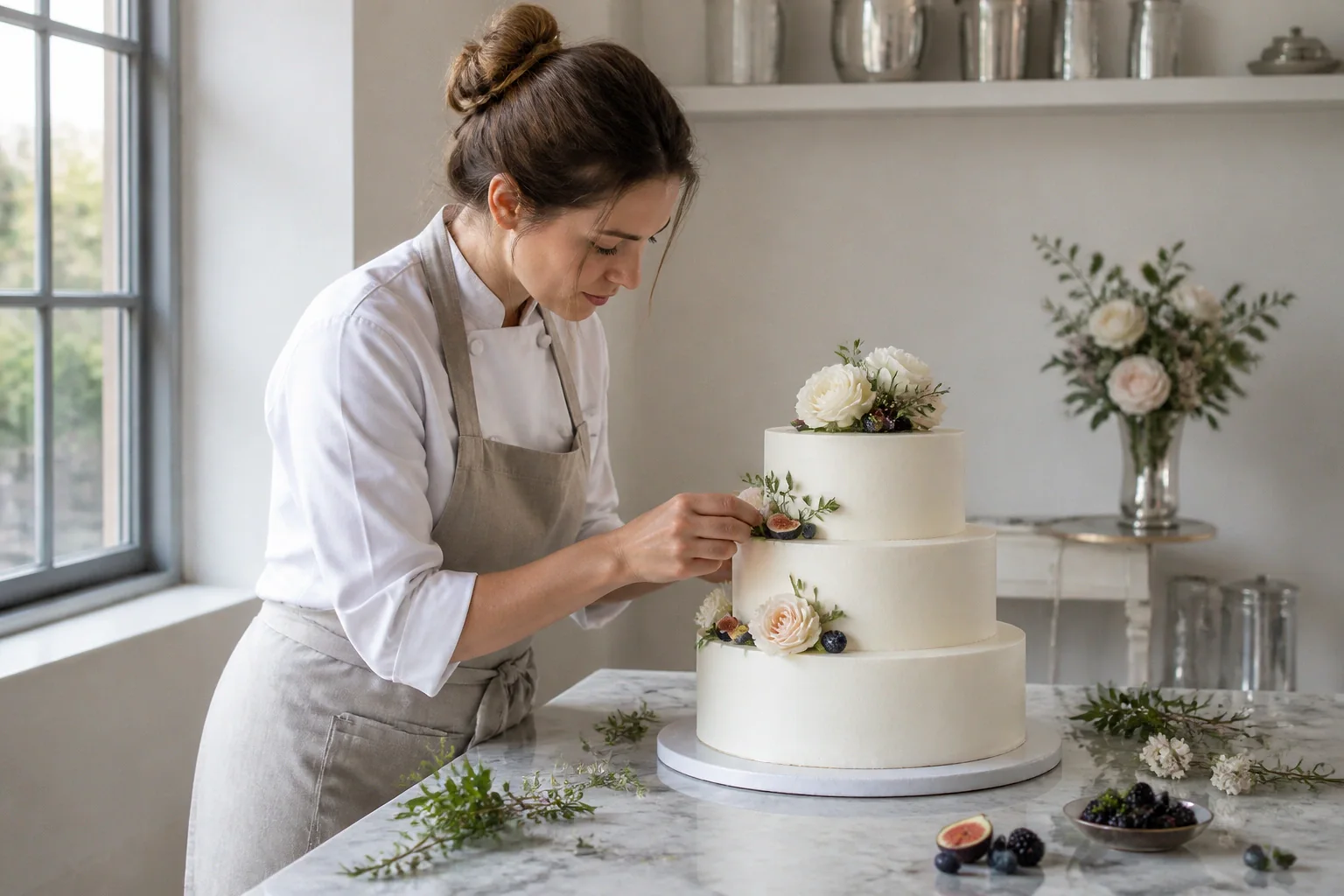 Gâteau de mariage préparé dans un atelier — illustration générée par IA