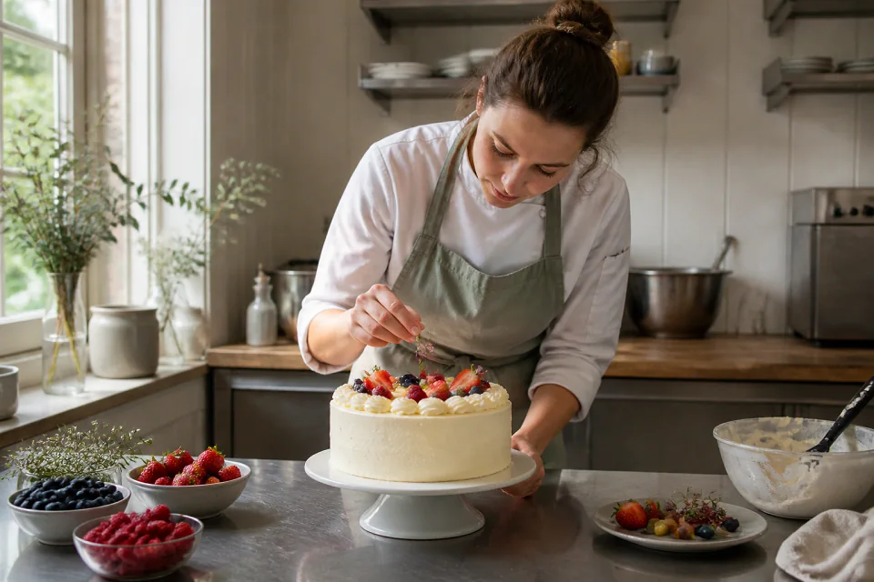Gâteau de mariage préparé dans un atelier — illustration générée par IA