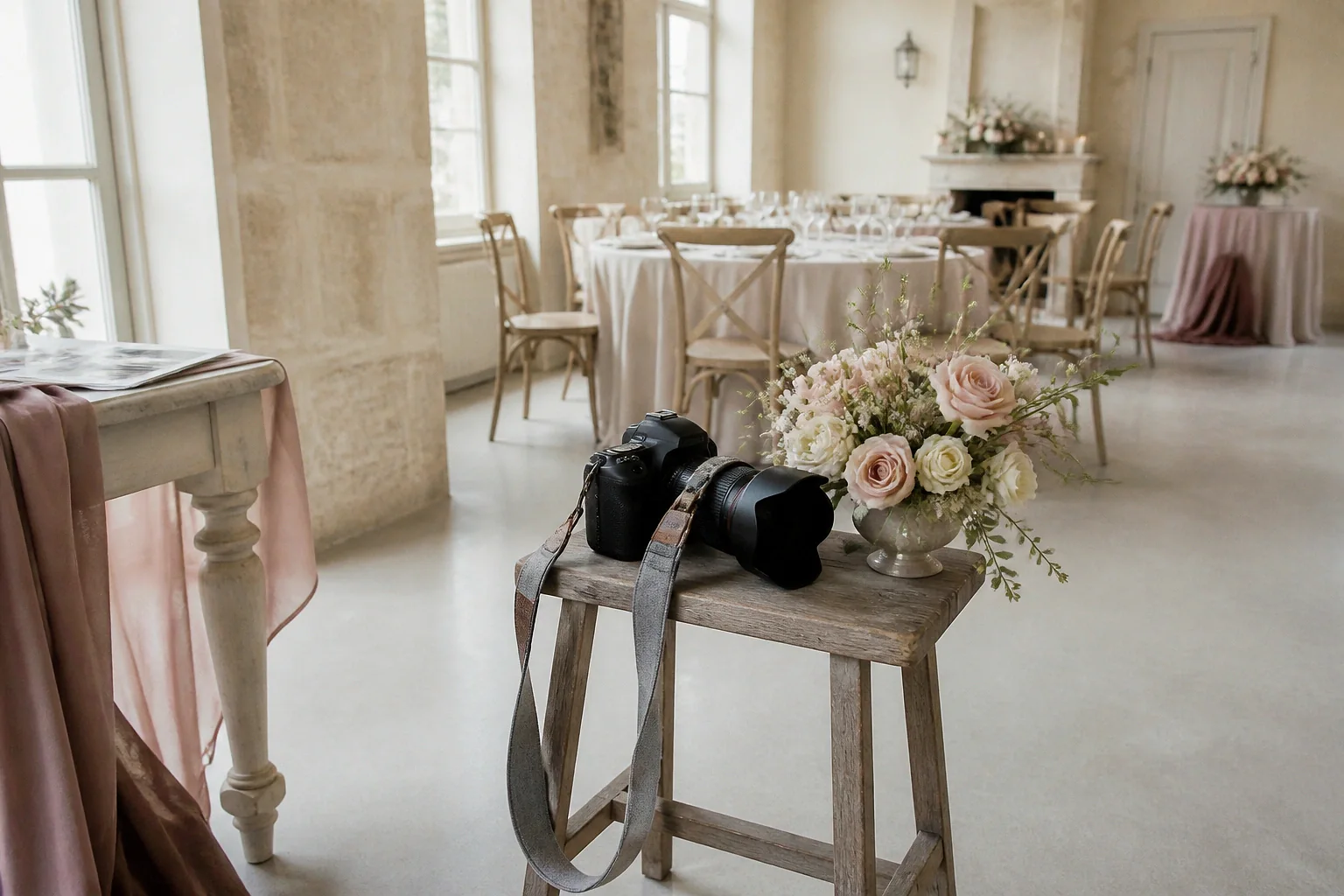 Appareil photo et accessoires de reportage de mariage — illustration générée par IA