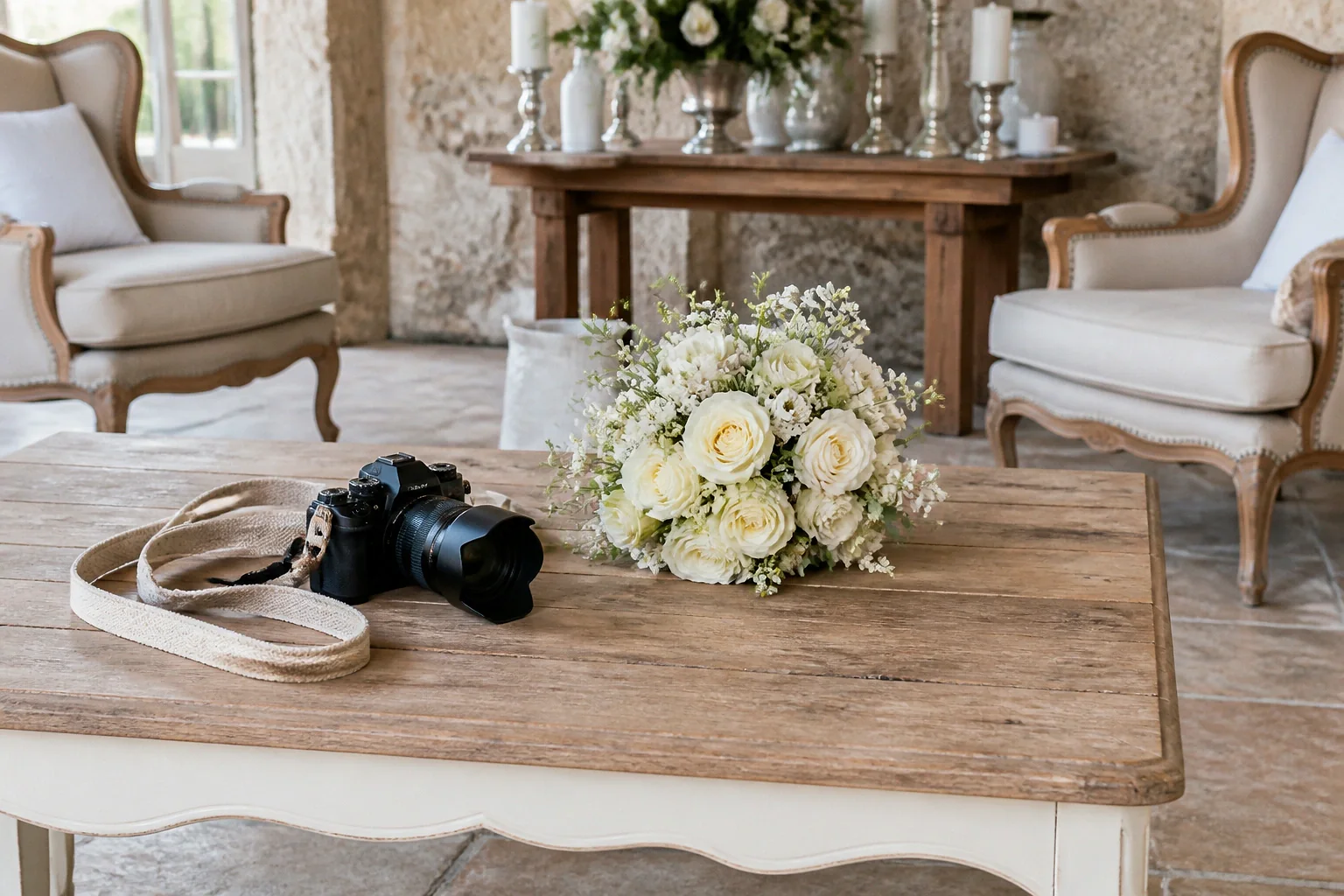 Appareil photo et accessoires de reportage de mariage — illustration générée par IA