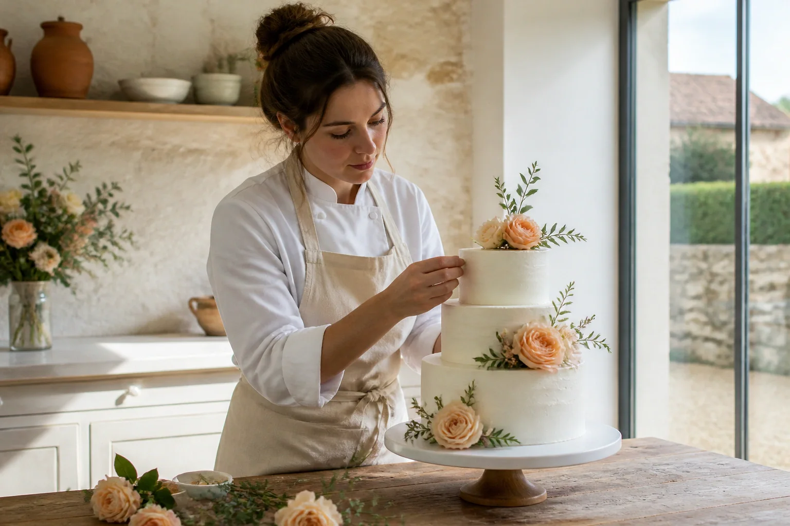 Gâteau de mariage préparé dans un atelier — illustration générée par IA