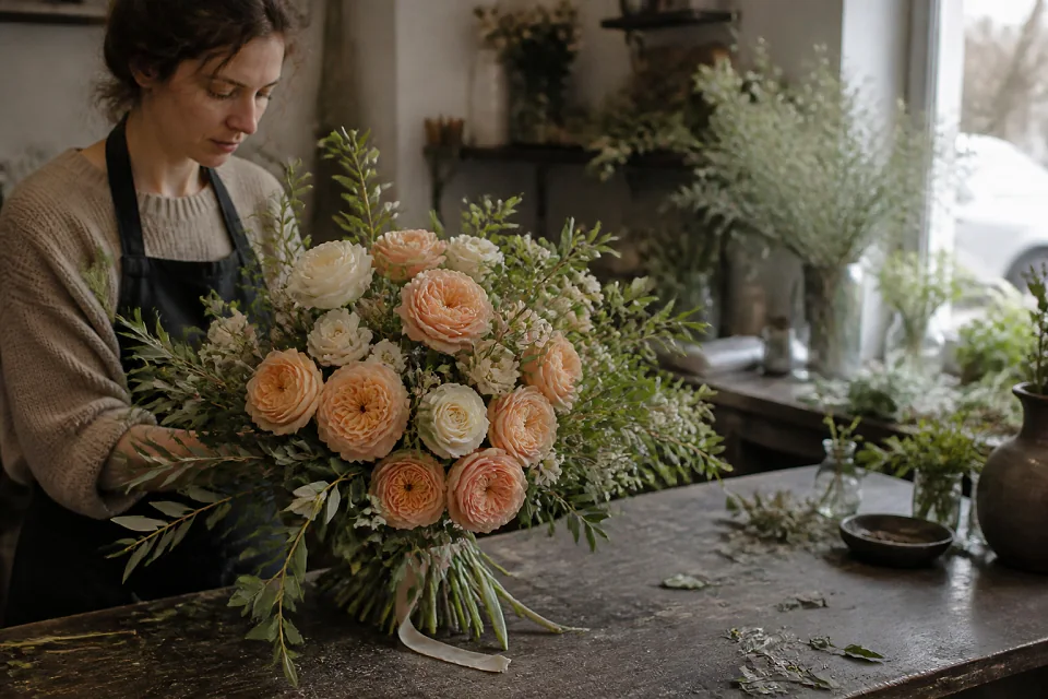 Préparation florale pour un mariage — illustration générée par IA