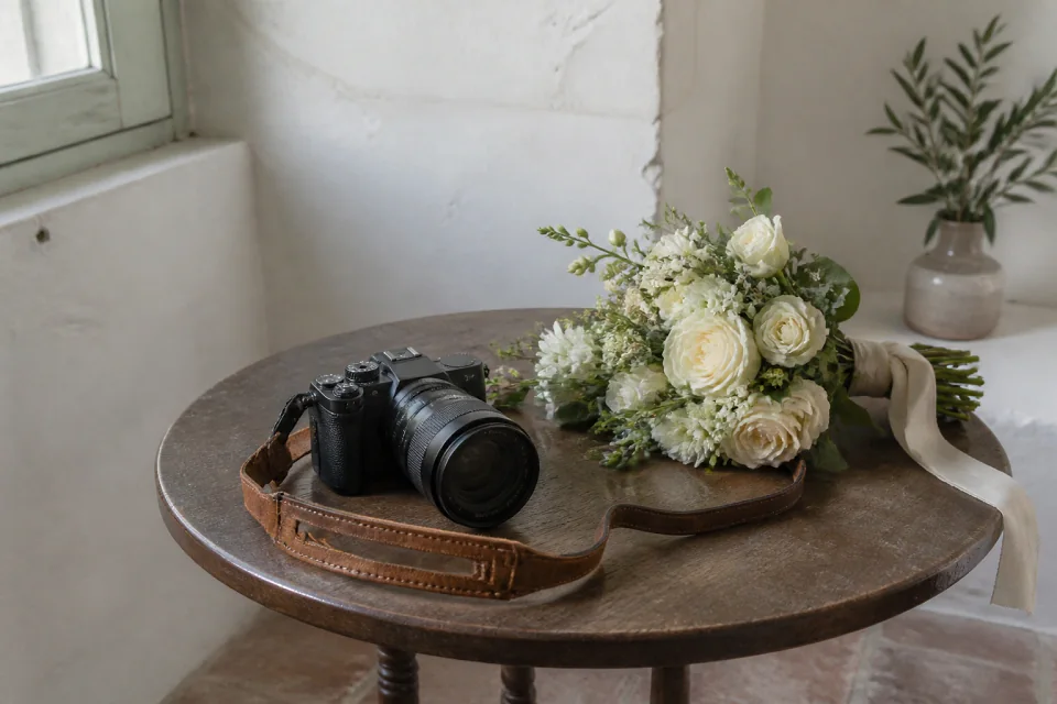 Appareil photo et accessoires de reportage de mariage — illustration générée par IA