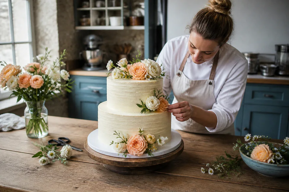 Gâteau de mariage préparé dans un atelier — illustration générée par IA