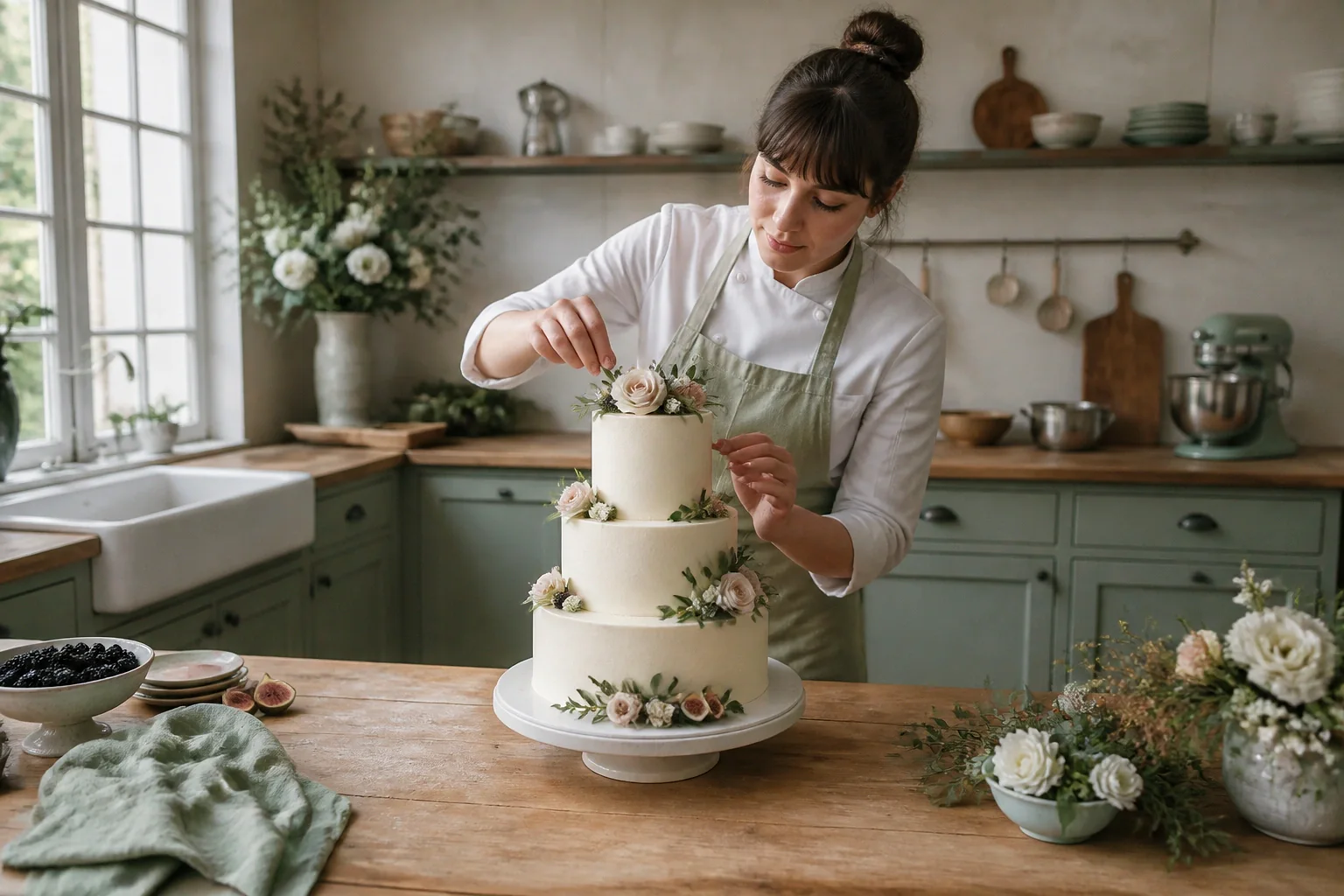 Gâteau de mariage préparé dans un atelier — illustration générée par IA