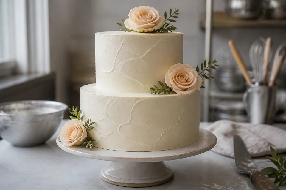 Gâteau de mariage décoré de fleurs fraîches — illustration générée par IA