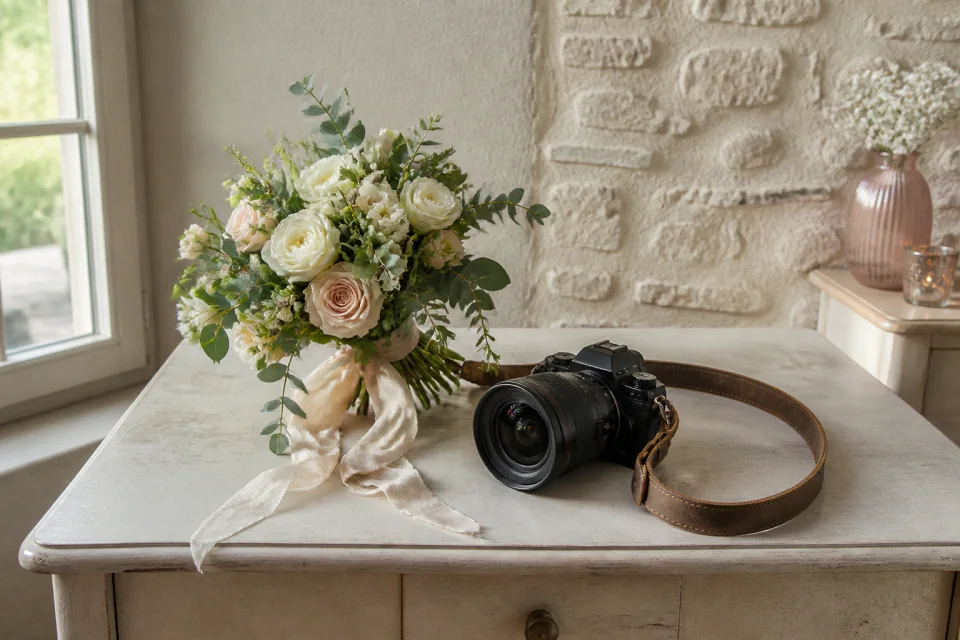 Appareil photo et accessoires de reportage de mariage — illustration générée par IA