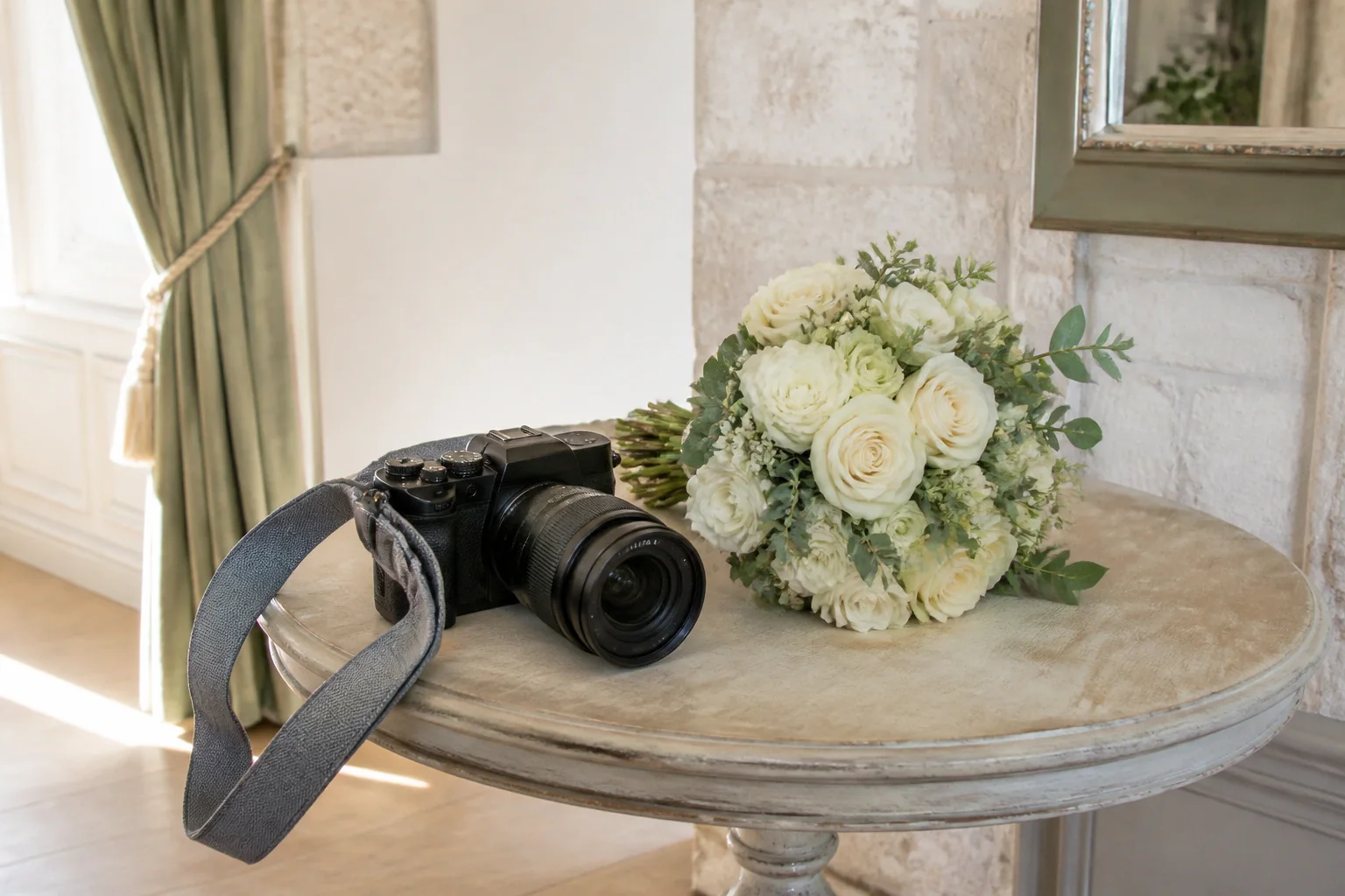 Appareil photo et accessoires de reportage de mariage — illustration générée par IA