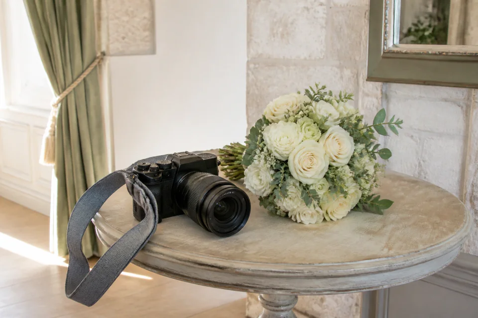 Appareil photo et accessoires de reportage de mariage — illustration générée par IA