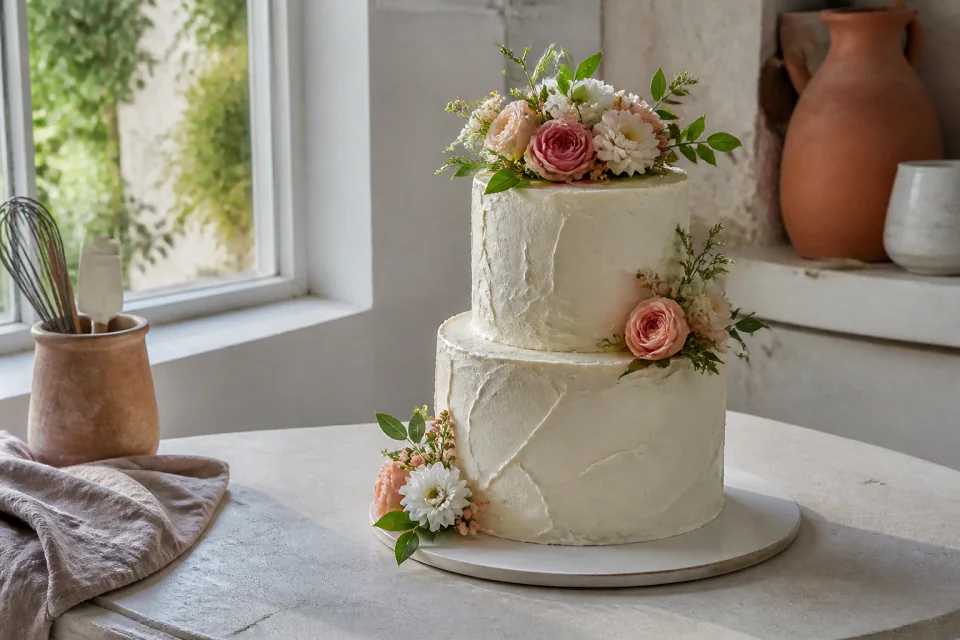Gâteau de mariage préparé dans un atelier — illustration générée par IA