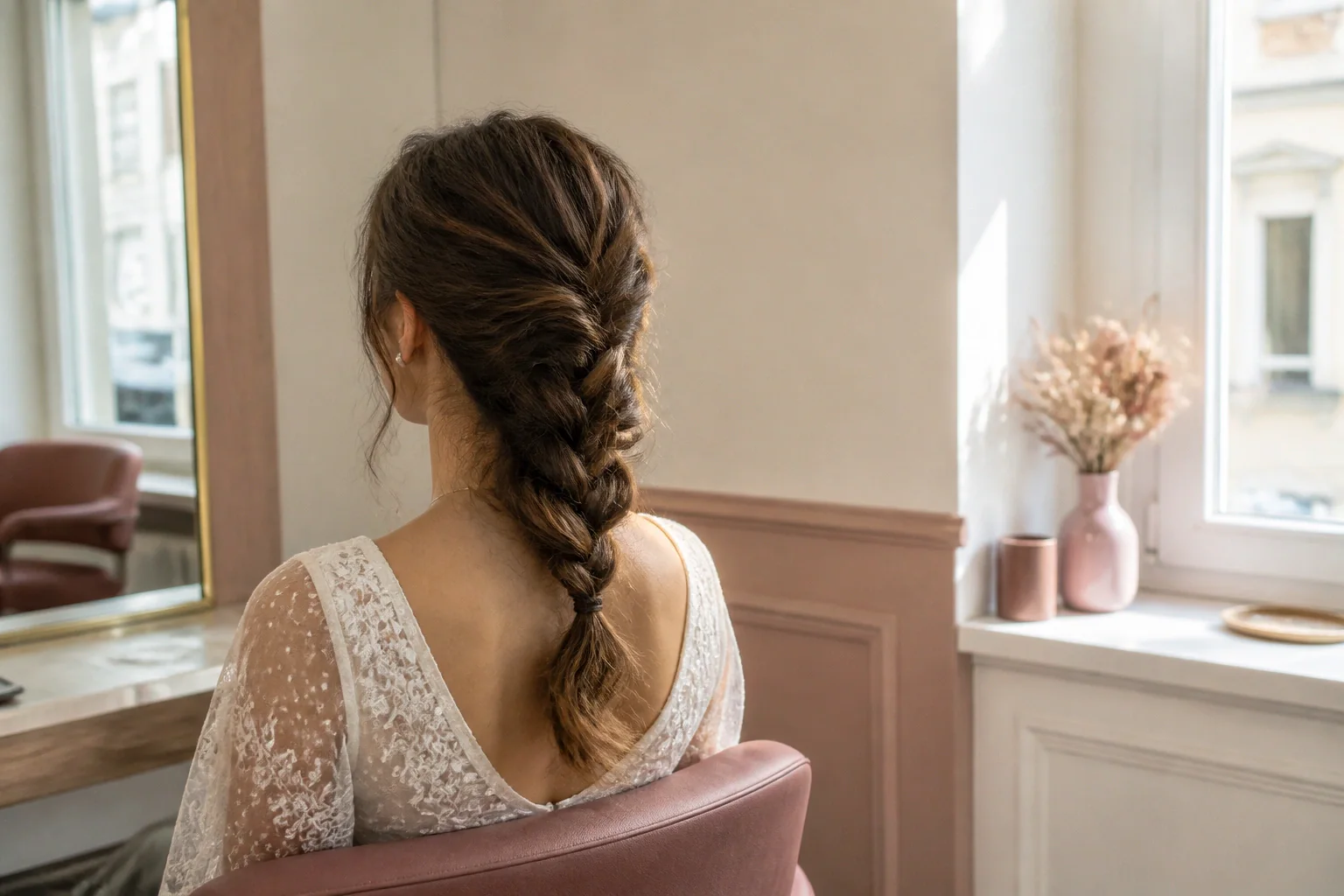 Coiffure de cérémonie vue pendant la préparation — illustration générée par IA