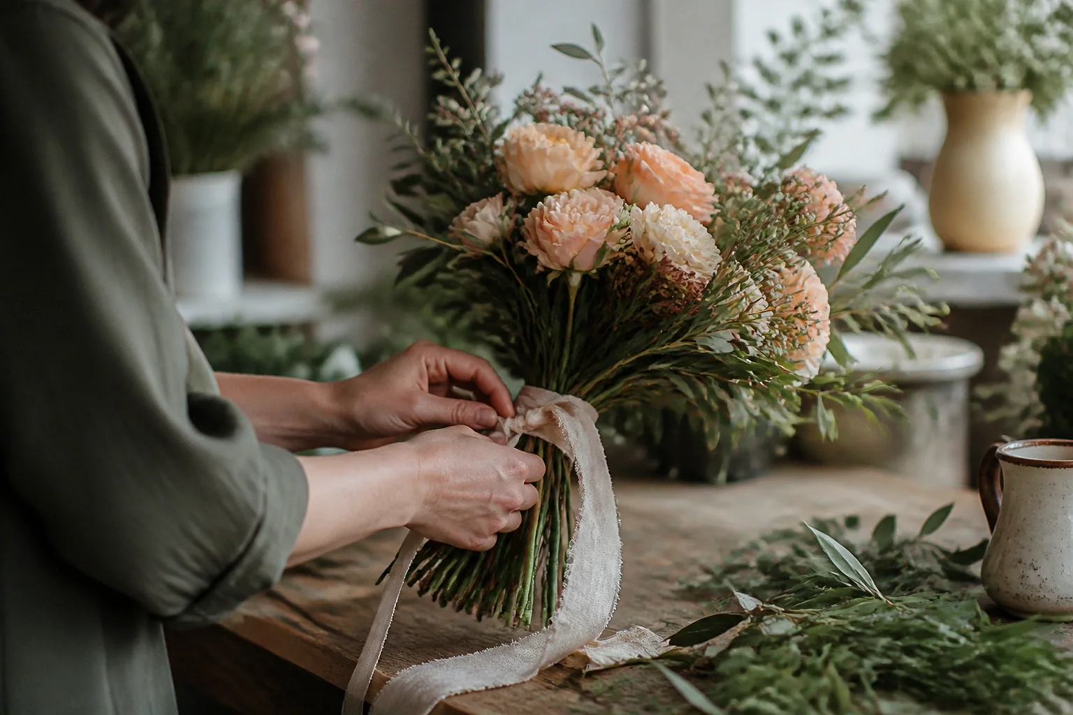 Préparation florale pour un mariage — illustration générée par IA
