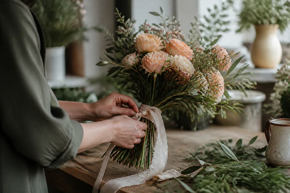 Préparation florale pour un mariage — illustration générée par IA
