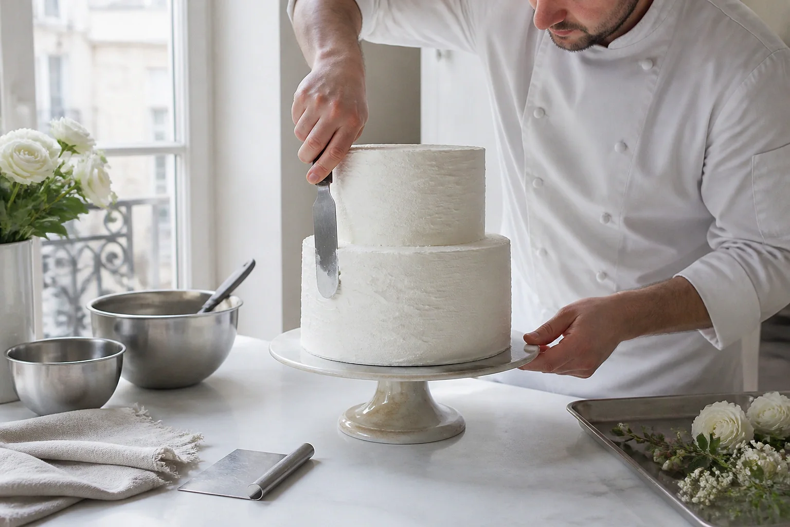 Gâteau de mariage préparé dans un atelier — illustration générée par IA