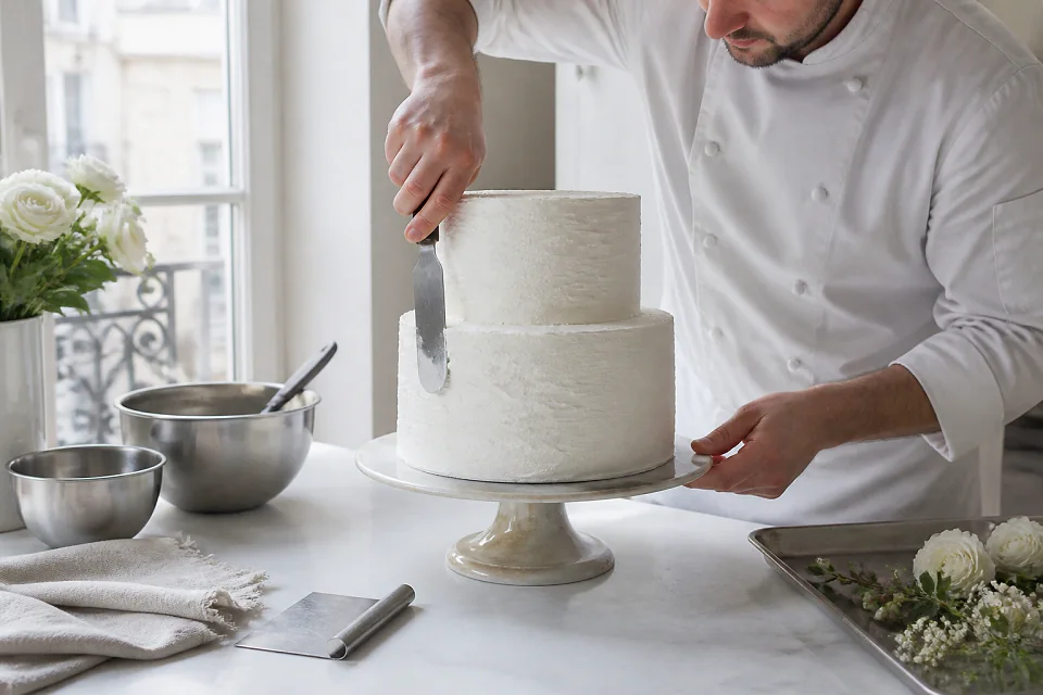Gâteau de mariage préparé dans un atelier — illustration générée par IA