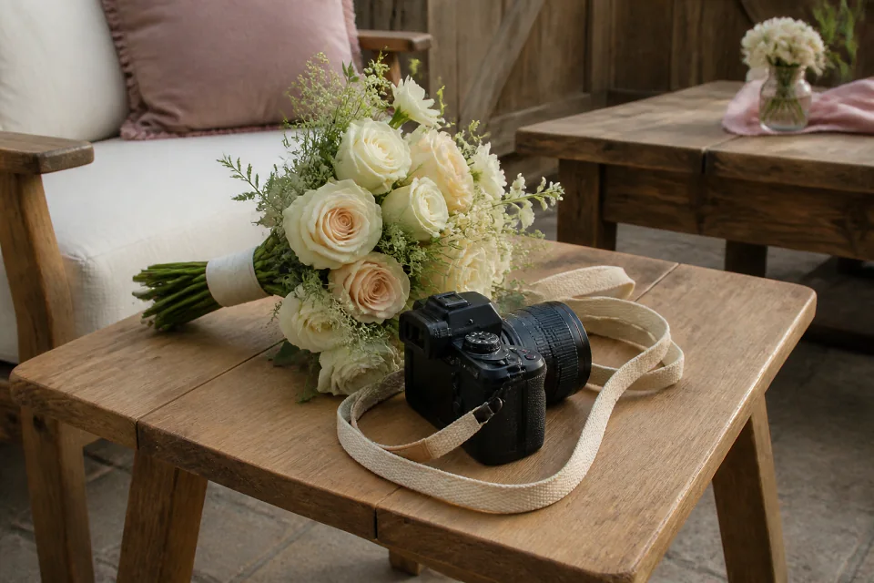 Appareil photo et accessoires de reportage de mariage — illustration générée par IA