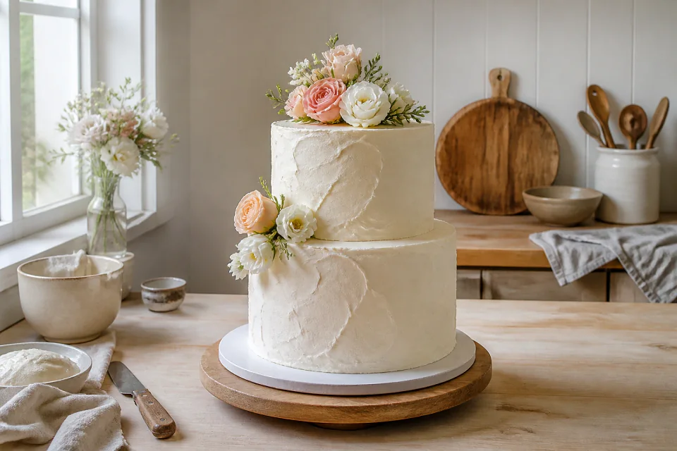 Gâteau de mariage préparé dans un atelier — illustration générée par IA