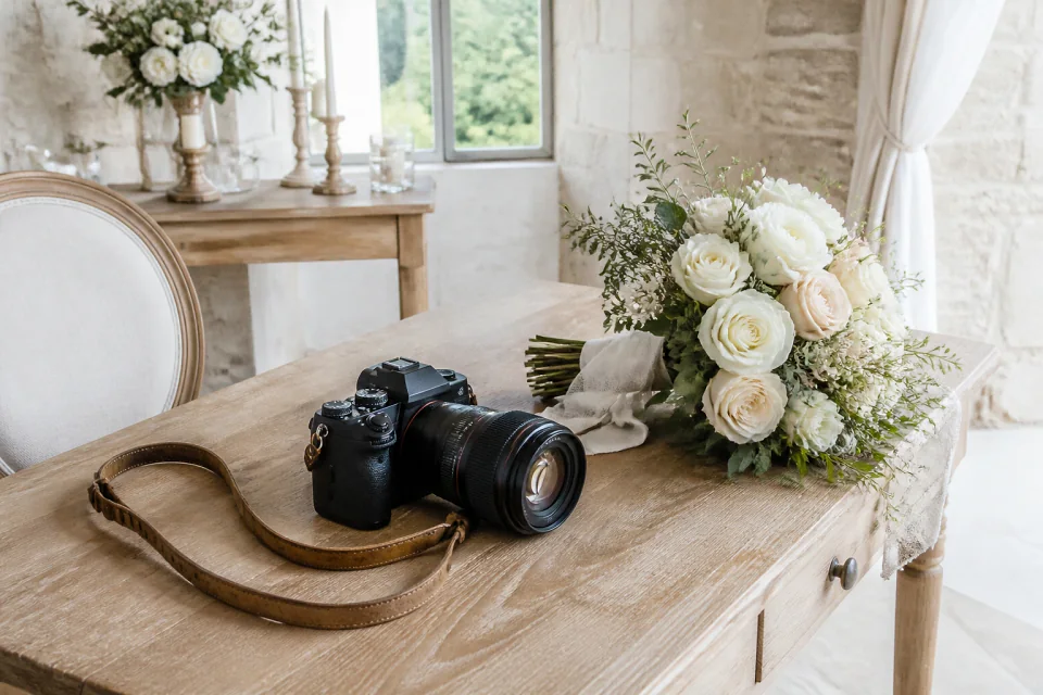 Appareil photo et accessoires de reportage de mariage — illustration générée par IA