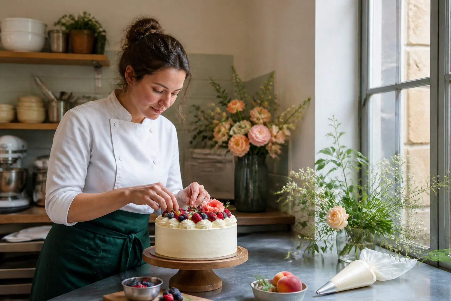 Gâteau de mariage préparé dans un atelier — illustration générée par IA