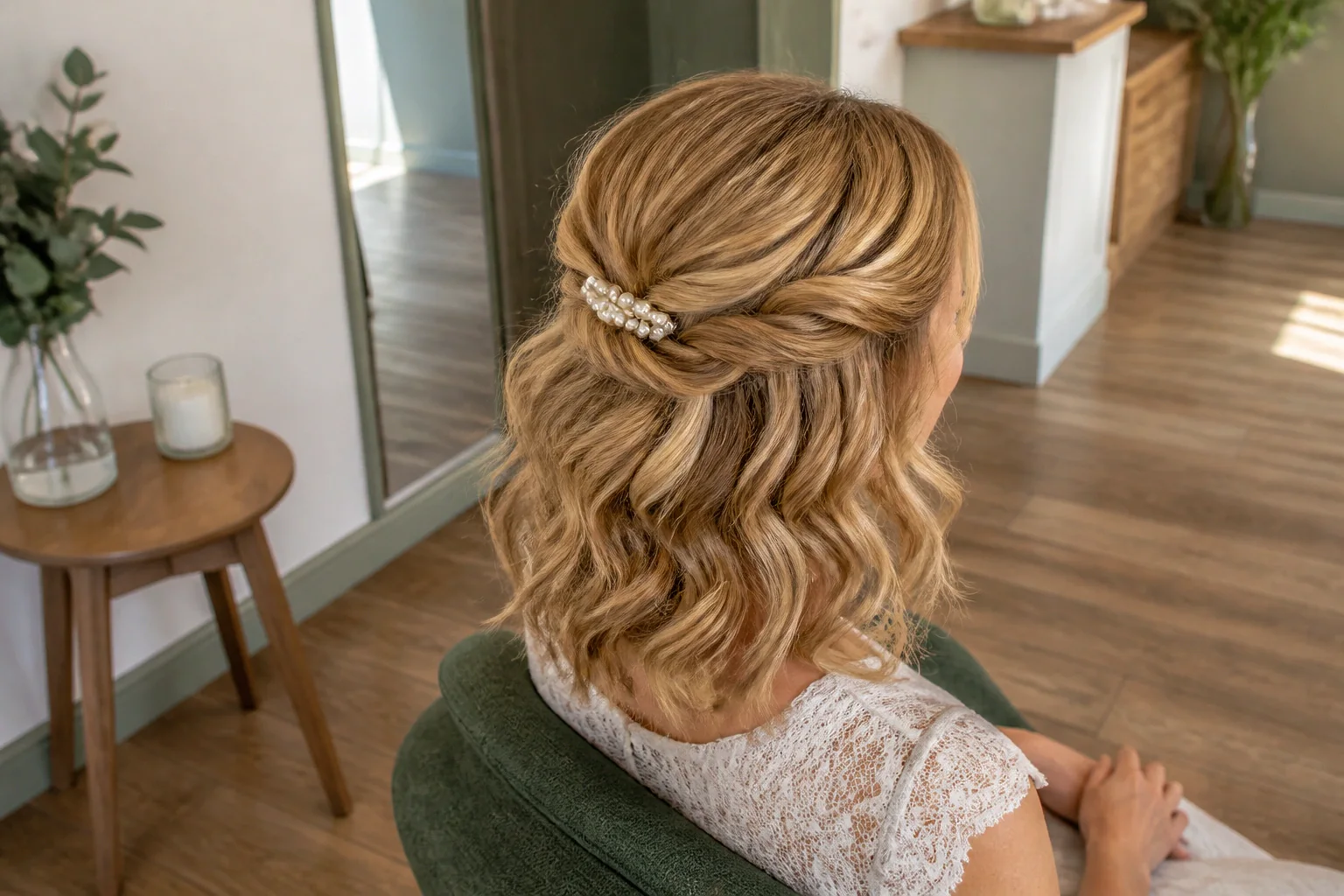 Coiffure de cérémonie vue pendant la préparation — illustration générée par IA