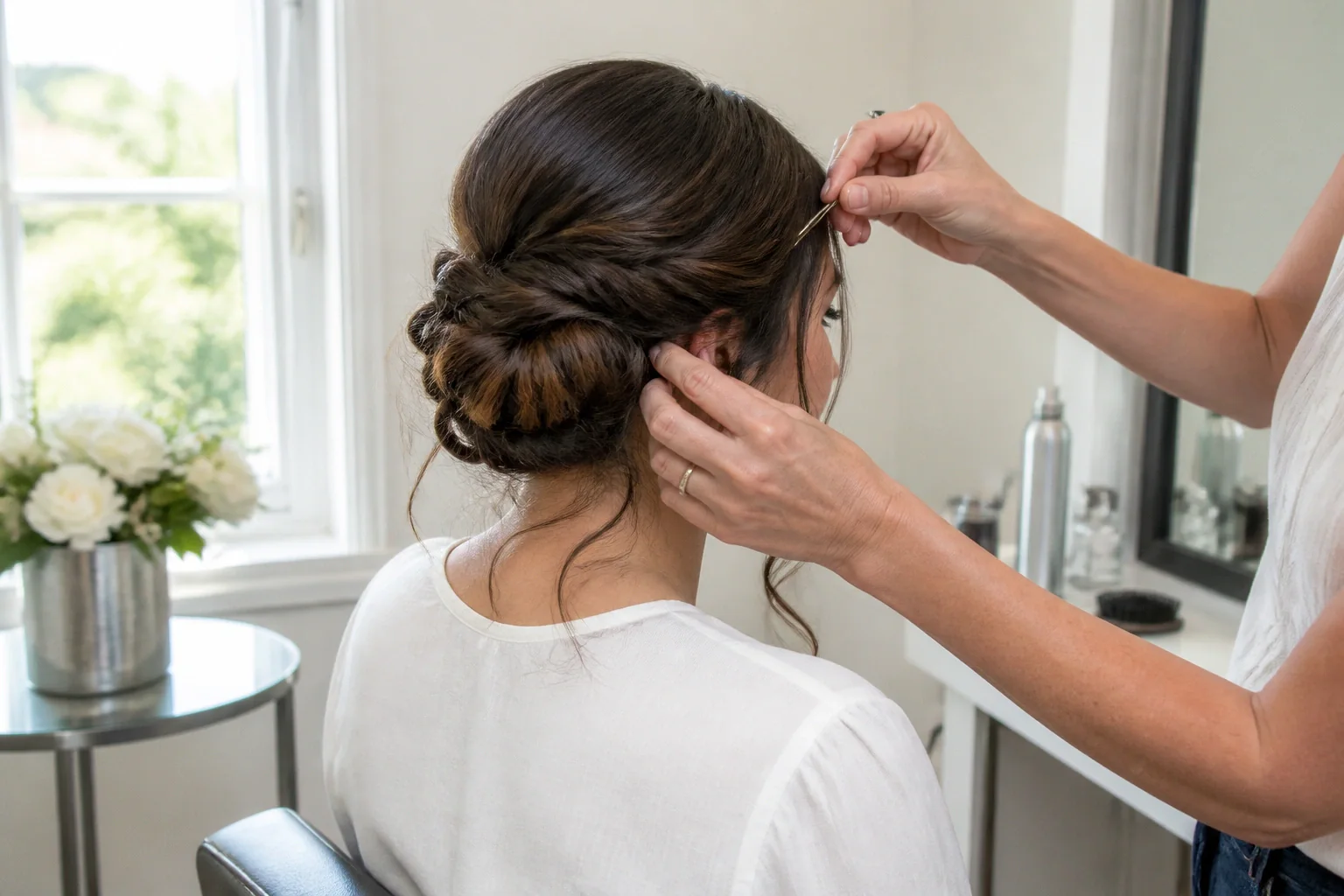 Coiffure de cérémonie vue pendant la préparation — illustration générée par IA