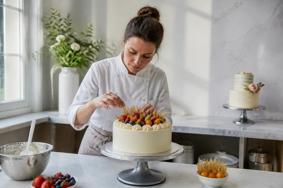 Gâteau de mariage préparé dans un atelier — illustration générée par IA