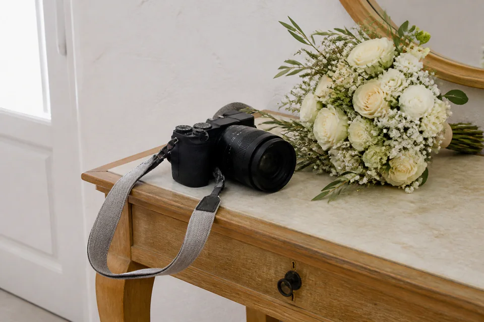 Appareil photo et accessoires de reportage de mariage — illustration générée par IA