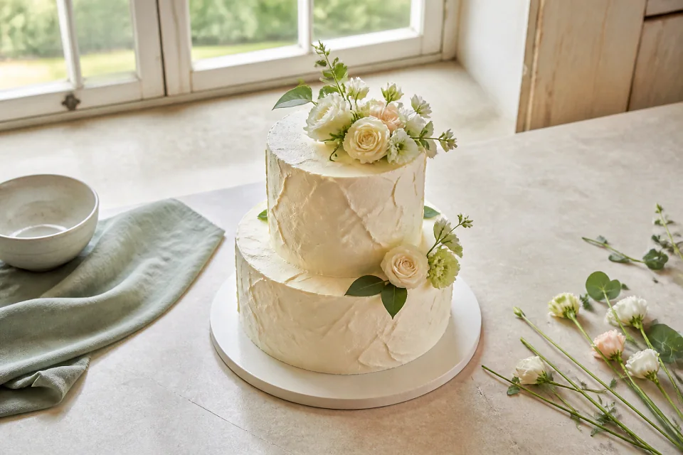 Gâteau de mariage préparé dans un atelier — illustration générée par IA