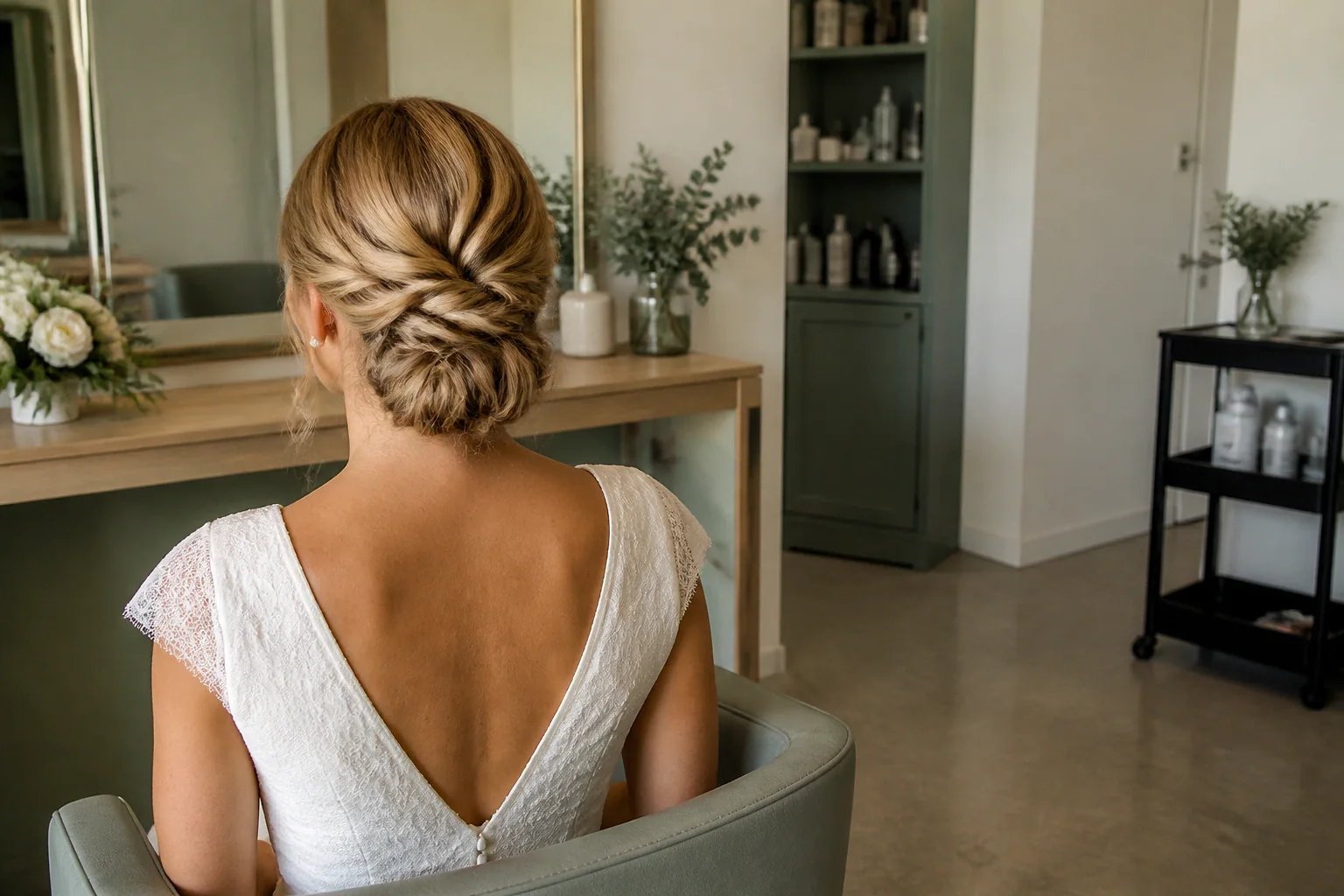 Coiffure de cérémonie vue pendant la préparation — illustration générée par IA