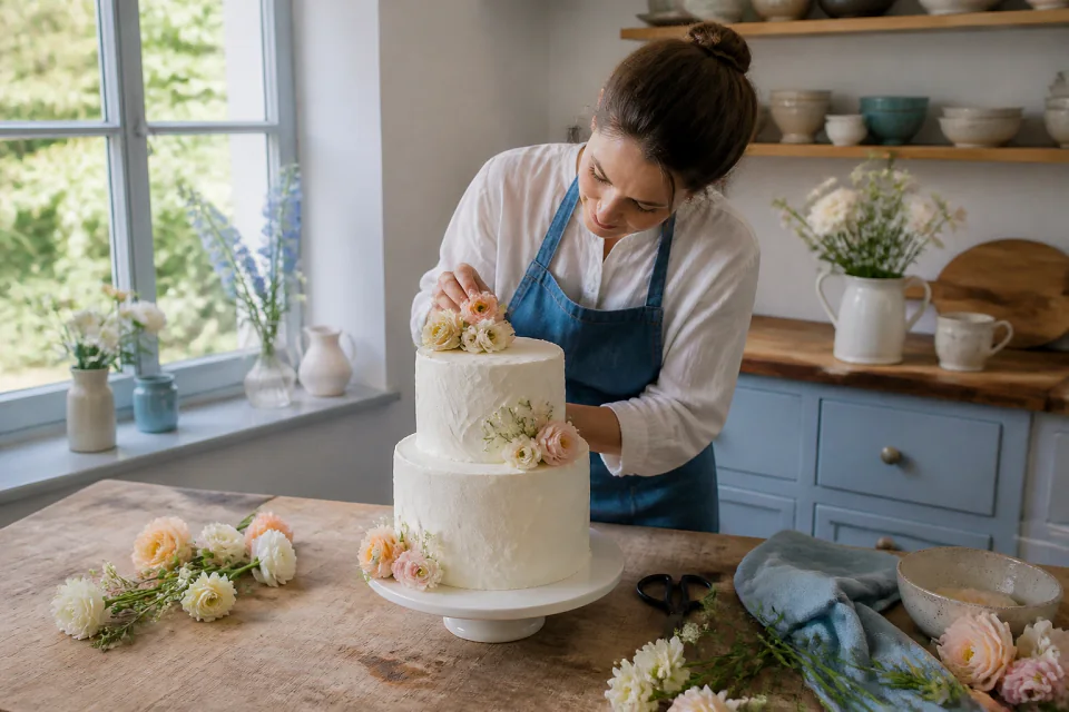 Gâteau de mariage préparé dans un atelier — illustration générée par IA