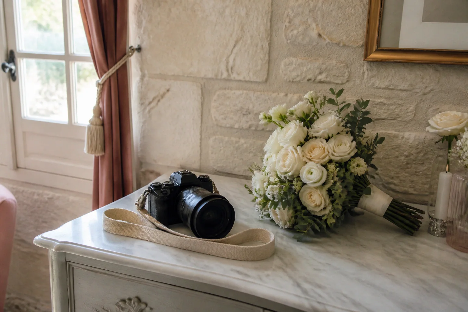 Appareil photo et accessoires de reportage de mariage — illustration générée par IA