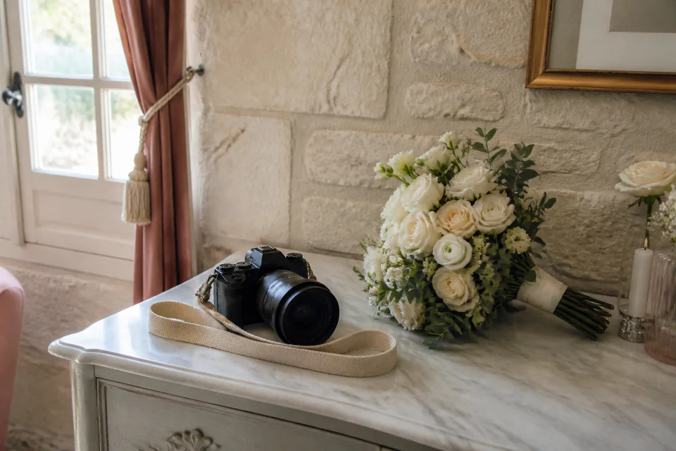 Appareil photo et accessoires de reportage de mariage — illustration générée par IA