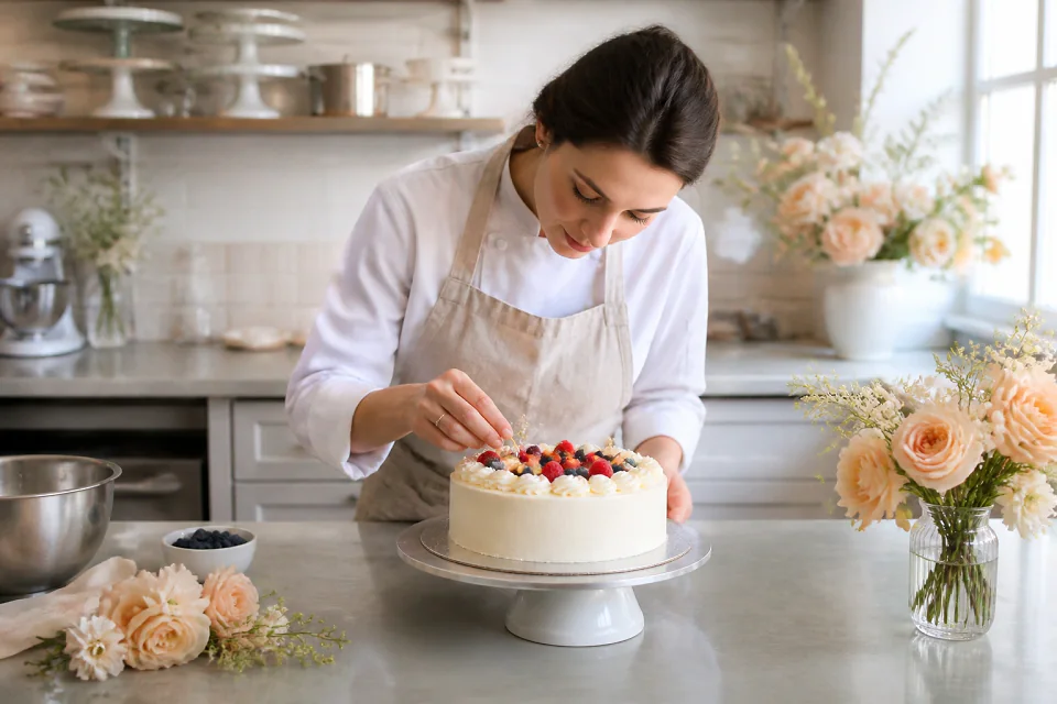 Gâteau de mariage préparé dans un atelier — illustration générée par IA