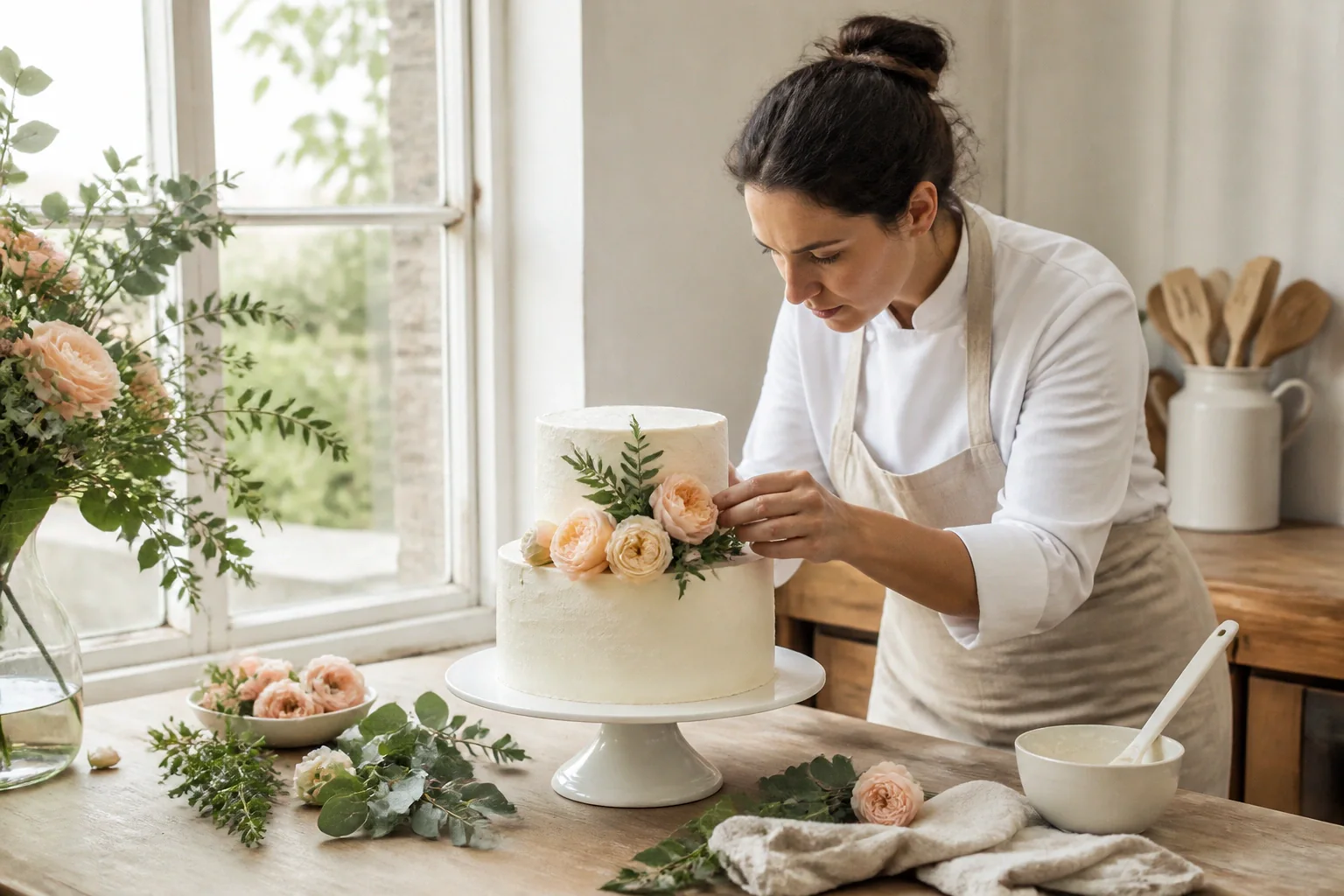 Gâteau de mariage préparé dans un atelier — illustration générée par IA