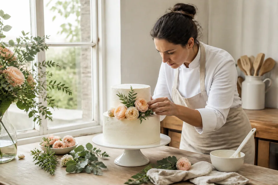 Gâteau de mariage préparé dans un atelier — illustration générée par IA