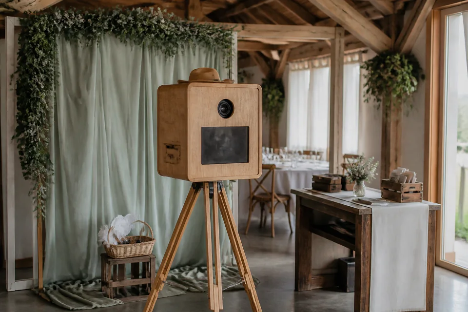 Borne photo installée pour une réception de mariage — illustration générée par IA