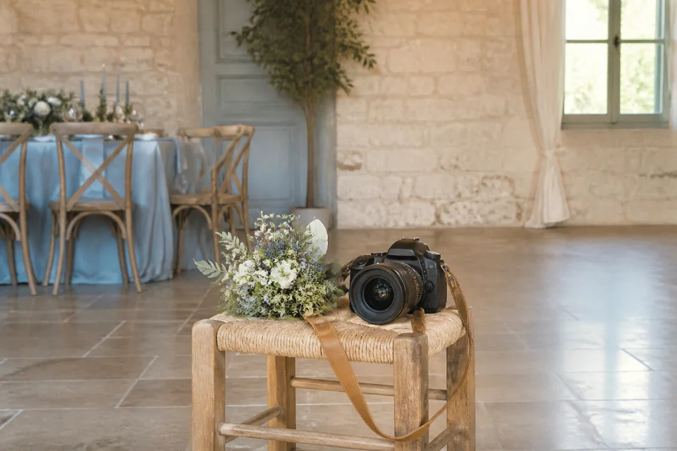 Appareil photo et accessoires de reportage de mariage — illustration générée par IA