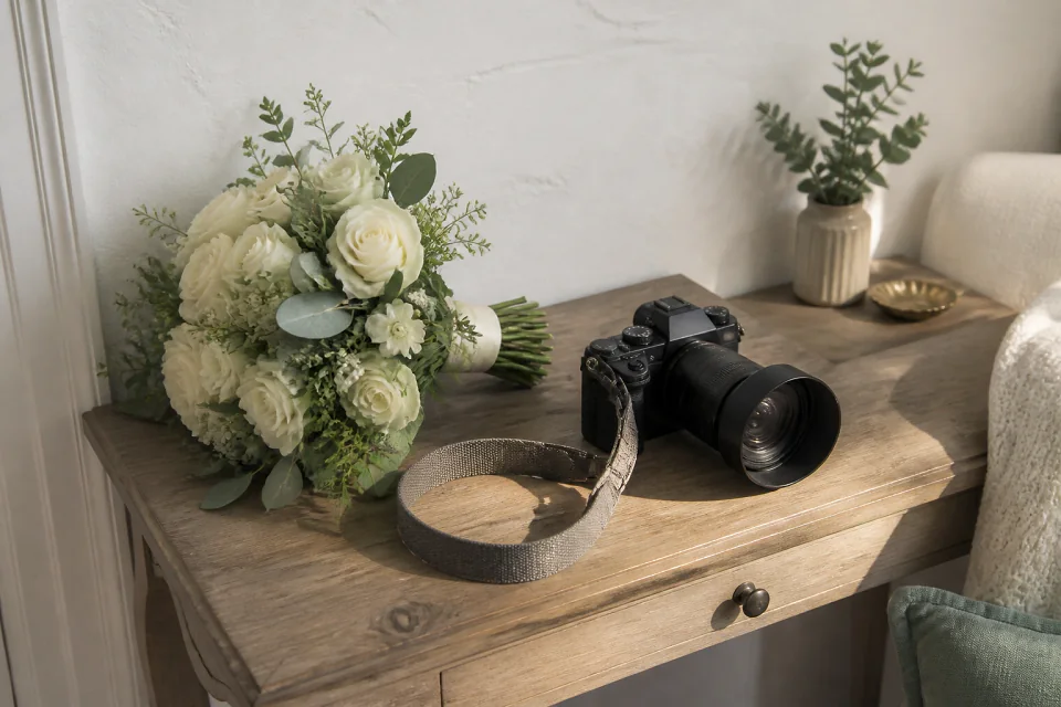 Appareil photo et accessoires de reportage de mariage — illustration générée par IA