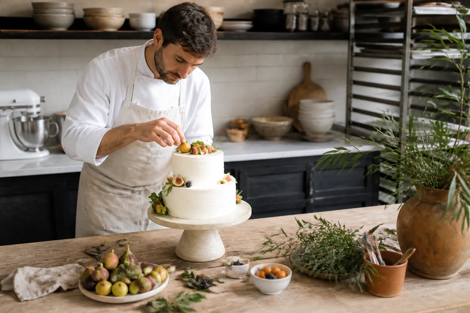 Gâteau de mariage préparé dans un atelier — illustration générée par IA
