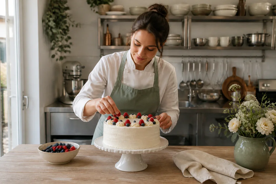 Gâteau de mariage préparé dans un atelier — illustration générée par IA