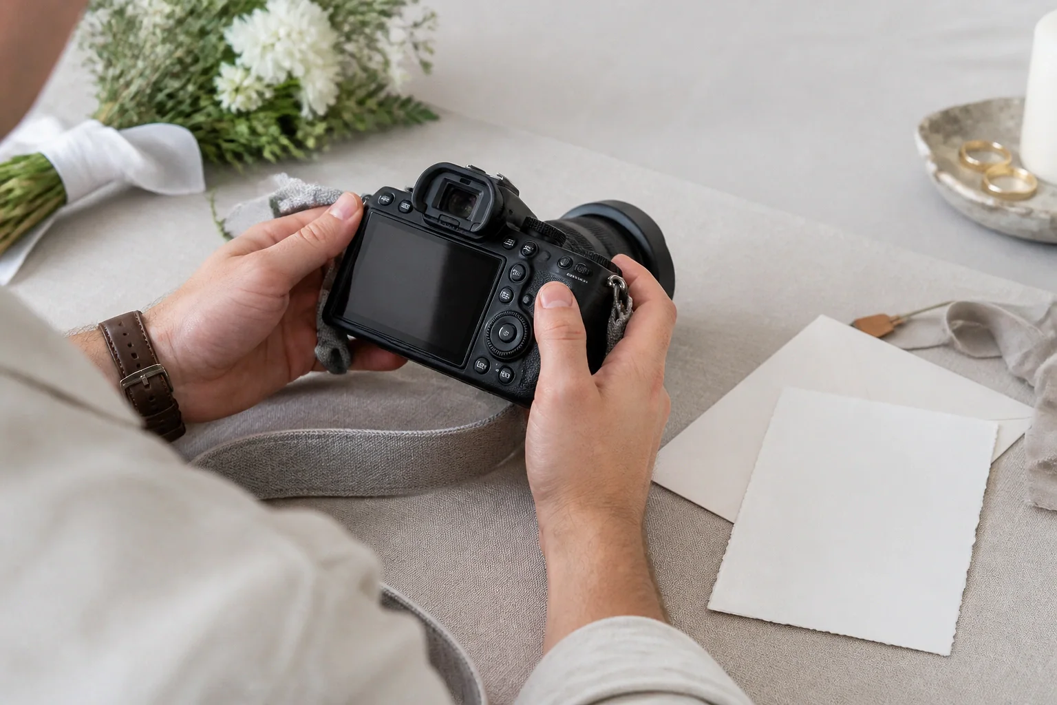 Appareil photo et accessoires de reportage de mariage — illustration générée par IA