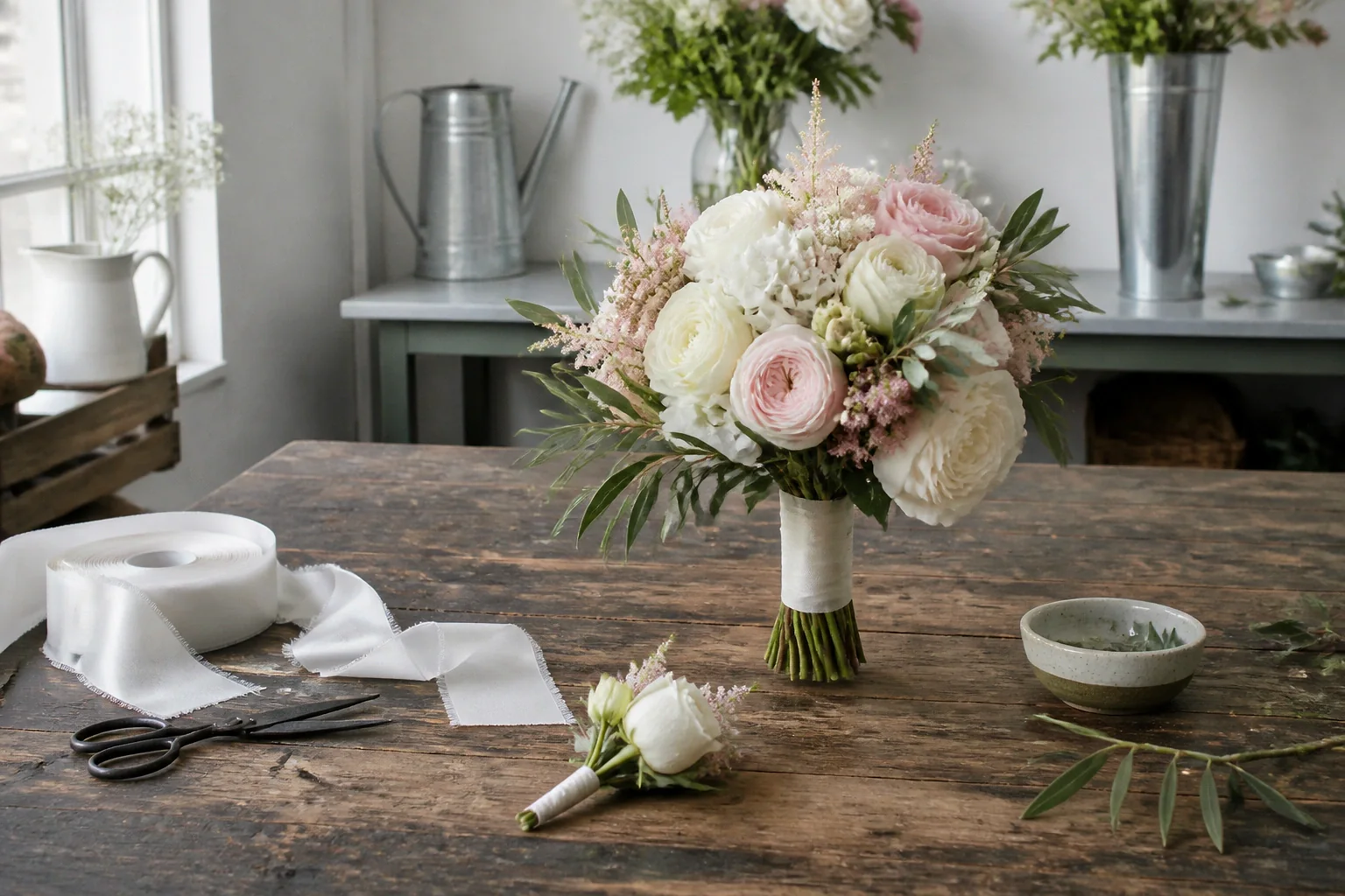 Préparation florale pour un mariage — illustration générée par IA