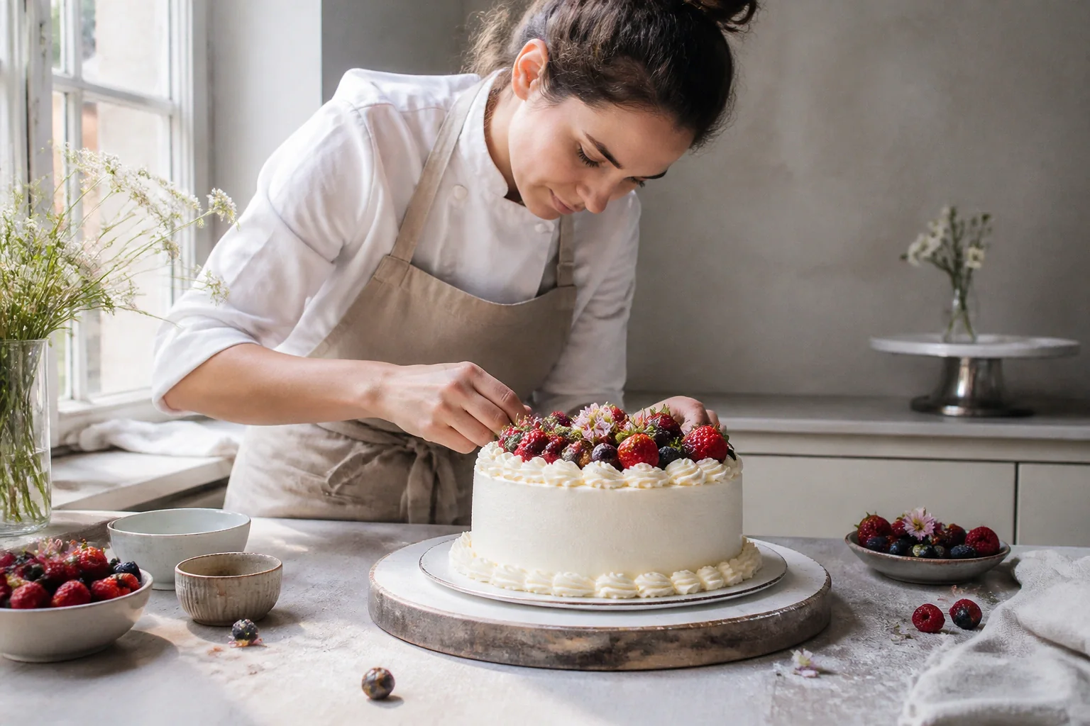 Gâteau de mariage préparé dans un atelier — illustration générée par IA