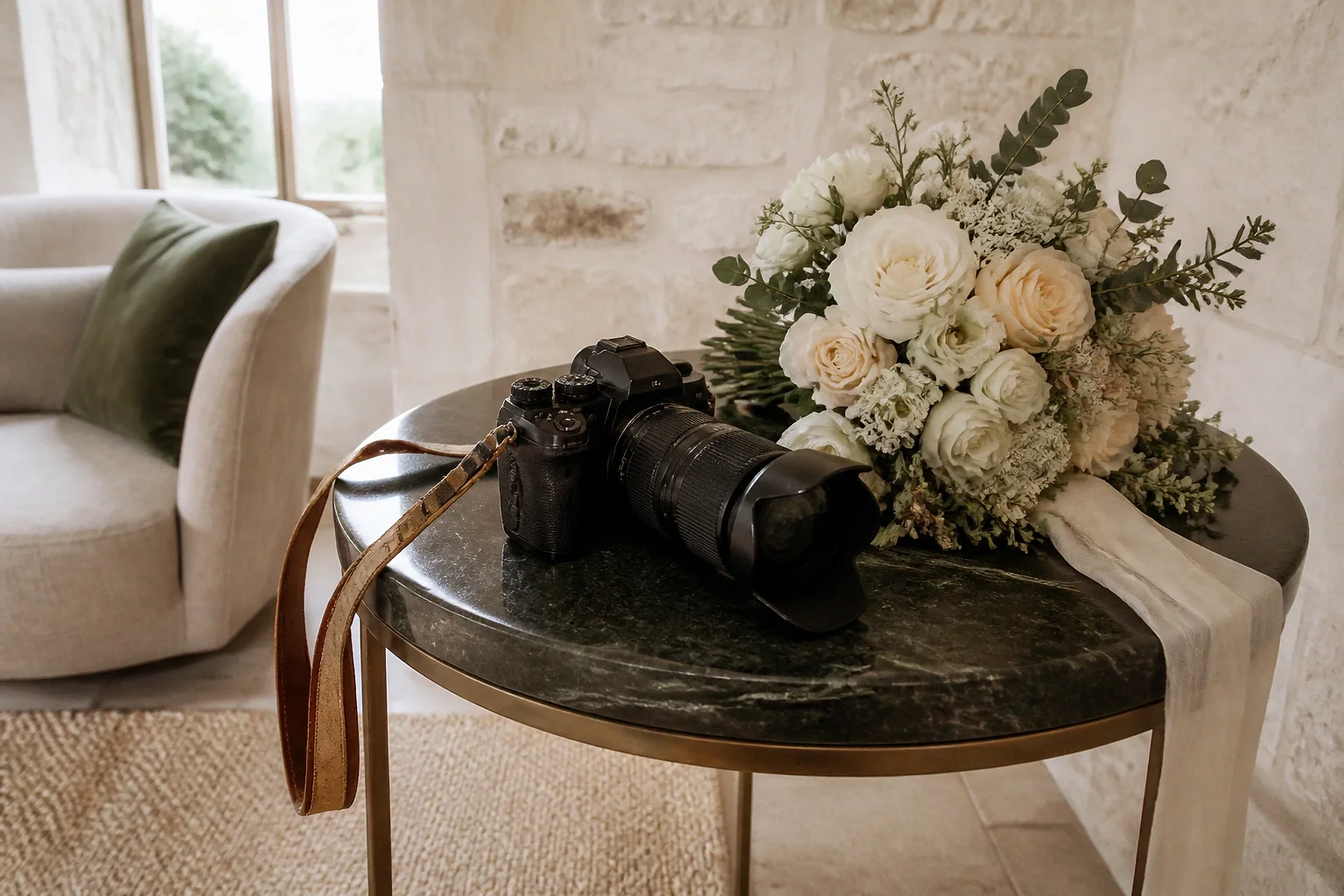 Appareil photo et accessoires de reportage de mariage — illustration générée par IA