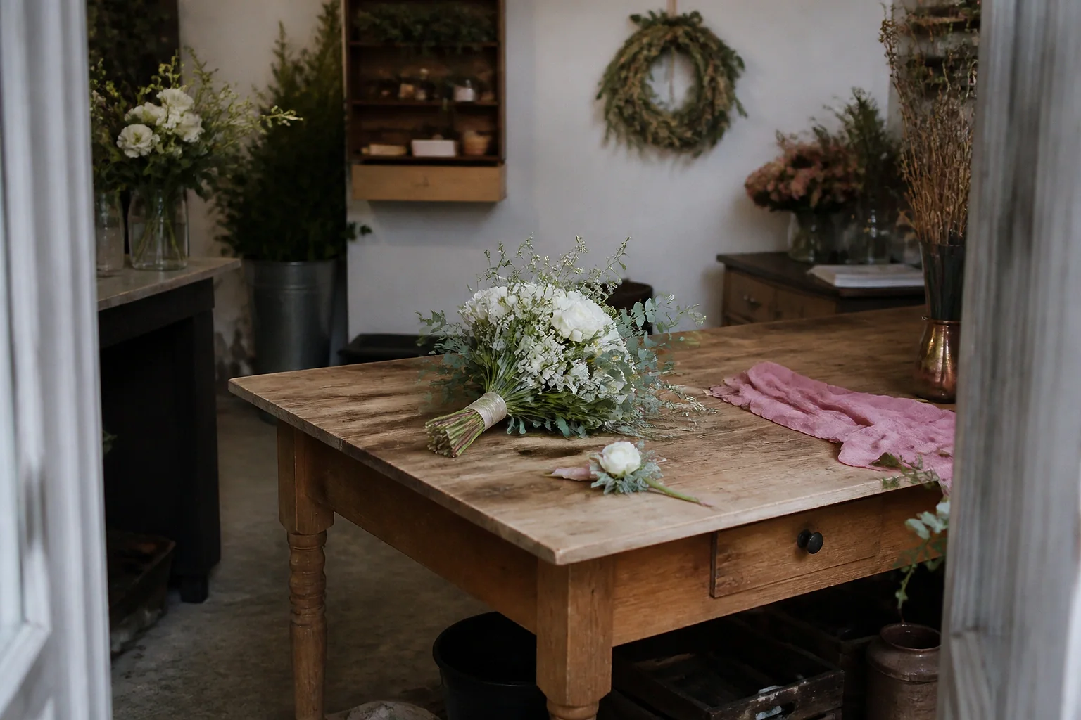 Préparation florale pour un mariage — illustration générée par IA