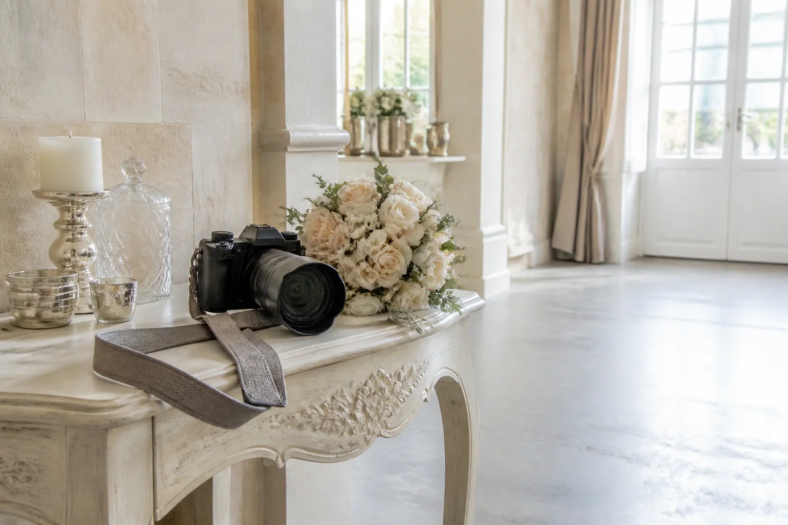 Appareil photo et accessoires de reportage de mariage — illustration générée par IA