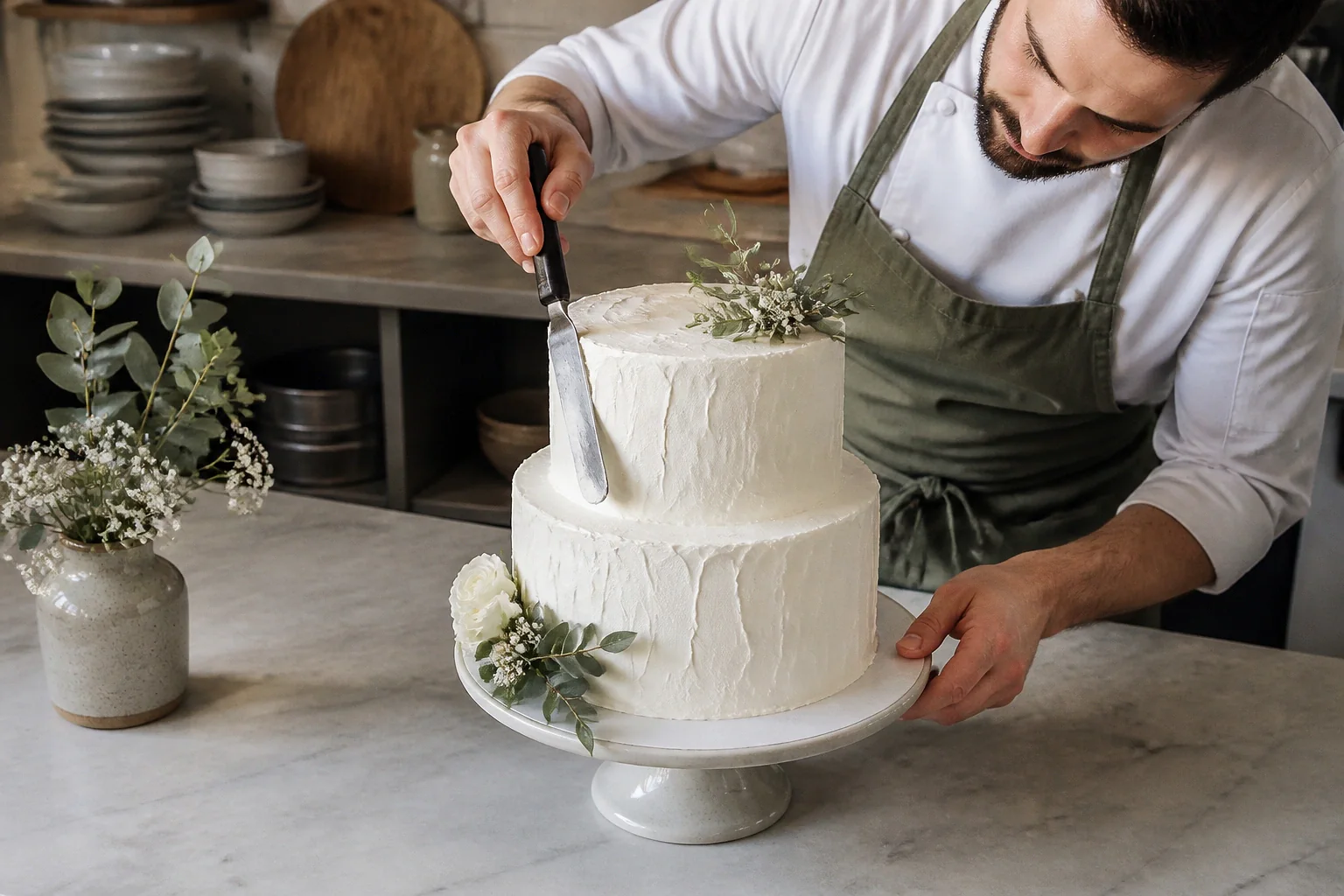Gâteau de mariage préparé dans un atelier — illustration générée par IA