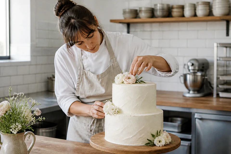 Gâteau de mariage préparé dans un atelier — illustration générée par IA